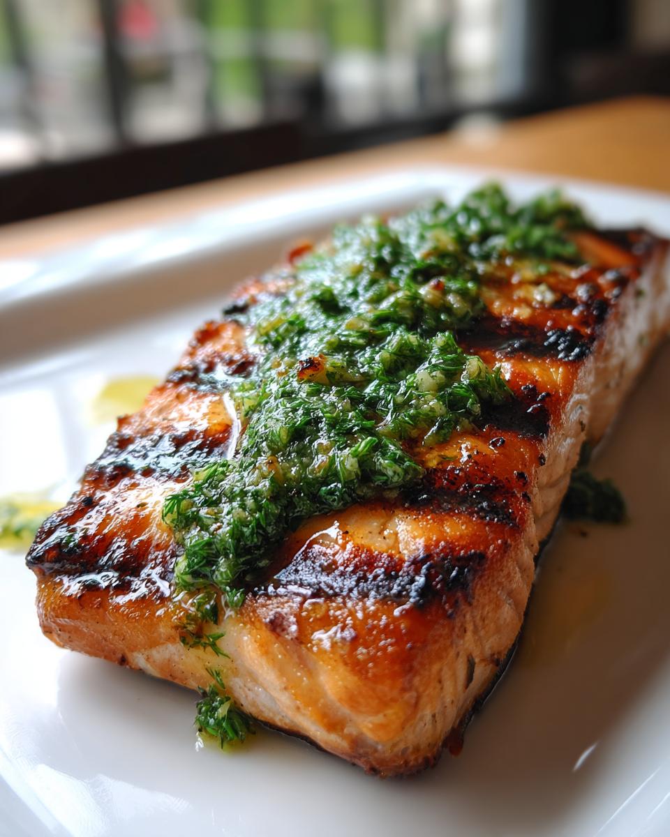 Close-up of a perfectly Grilled Salmon With Dill Butter, showing char marks and a bright green herb topping.