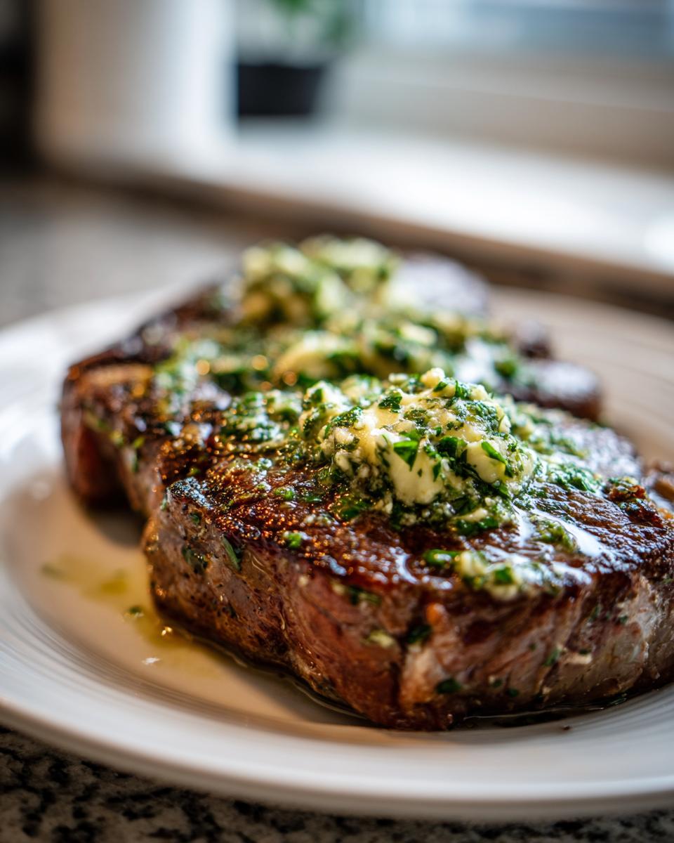 Close-up of a perfectly seared Grilled Steak With Garlic Butter melting over the top.