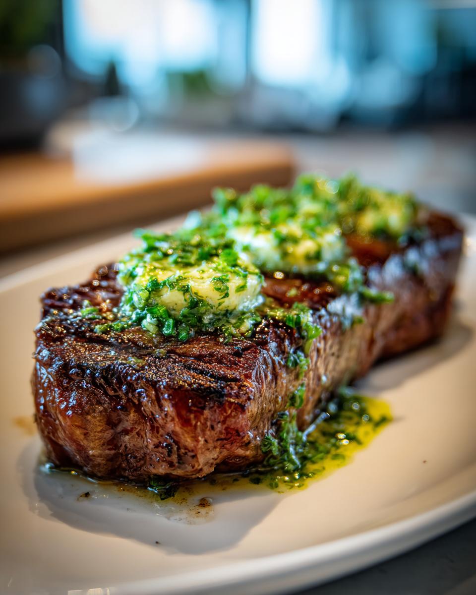 Close-up of a perfectly seared Grilled Steak With Garlic Butter melting over the top, glistening with herbs.