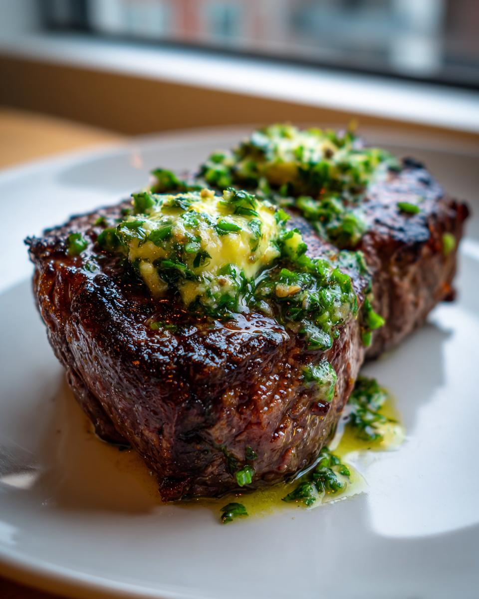 Close-up of two perfectly seared steaks topped with melting herb garlic butter, ready to eat.