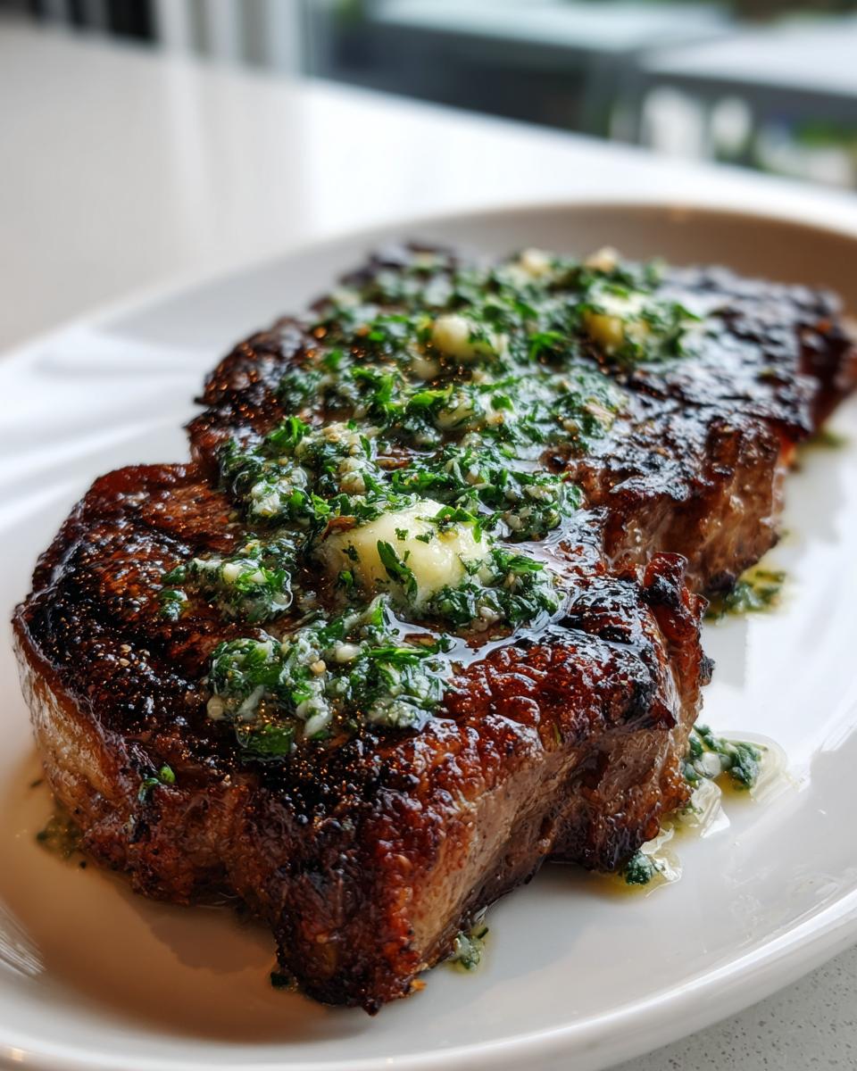 Close-up of a perfectly seared Grilled Steak With Garlic Butter melting over the top.