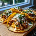 Four fully loaded Grilled Street Corn Chicken Tacos topped with cotija cheese and cilantro on a wooden board.