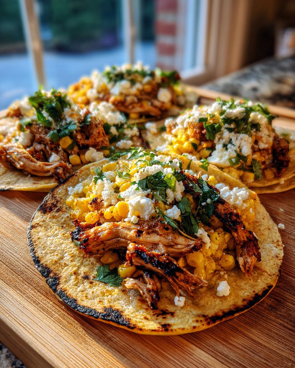 Close-up of delicious Grilled Street Corn Chicken Tacos topped with cotija cheese and cilantro on a wooden board.