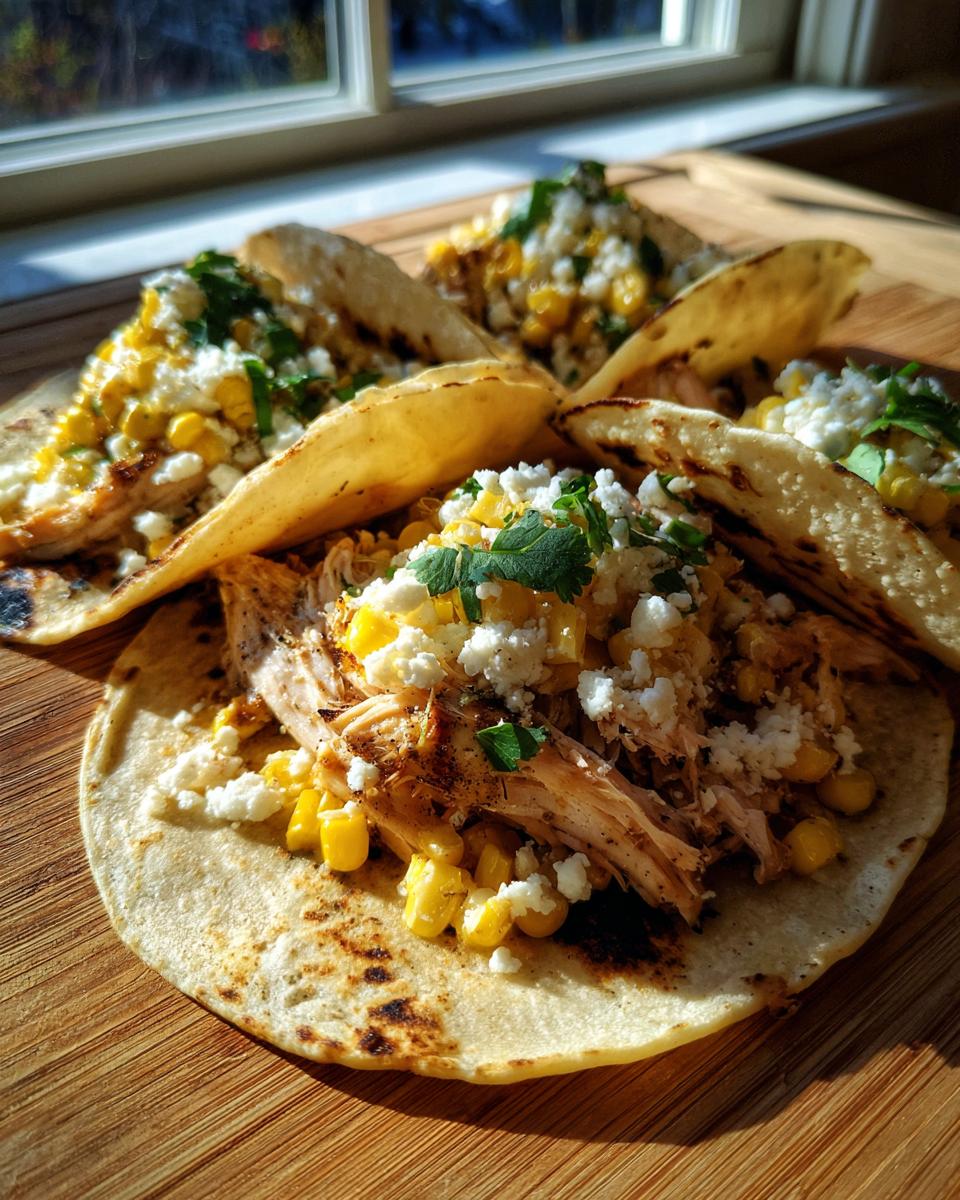 Close-up of several Grilled Street Corn Chicken Tacos topped with corn, cotija cheese, and cilantro on a wooden board.