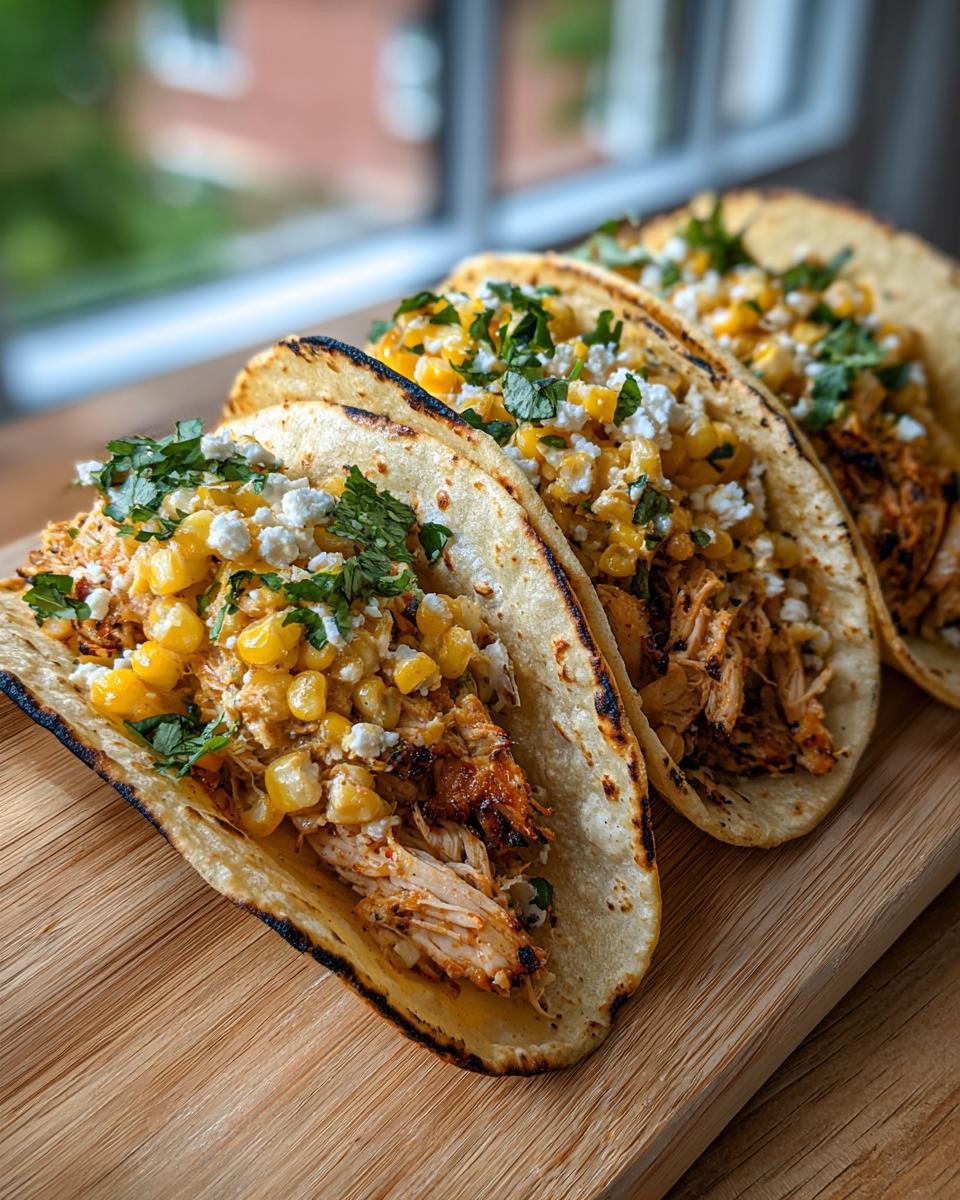 Three delicious Grilled Street Corn Chicken Tacos topped with charred corn, cotija cheese, and cilantro.