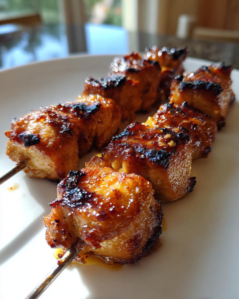 Close-up of two skewers featuring perfectly grilled Thai Coconut Chicken Skewers with a shiny, caramelized glaze.