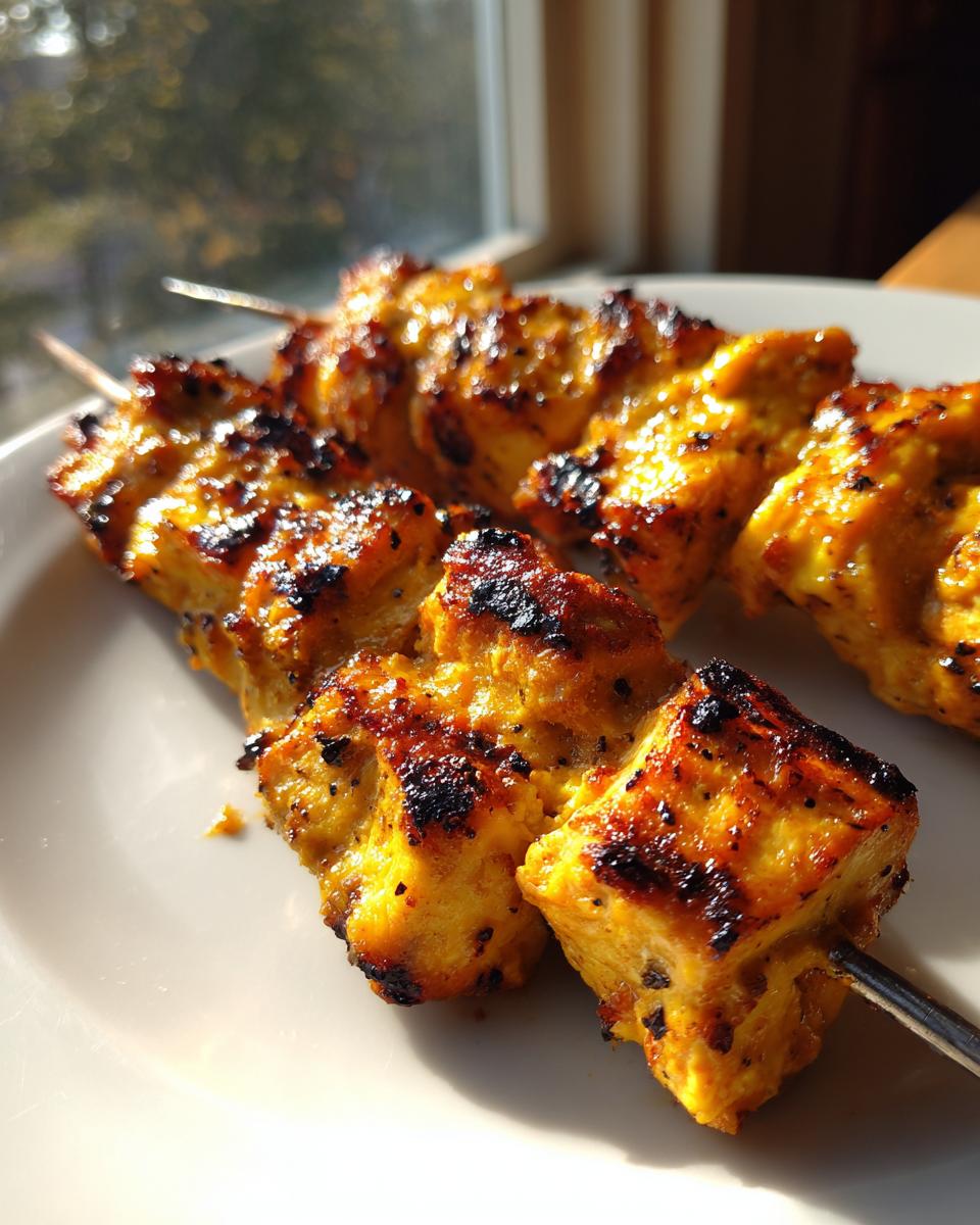 Close-up of golden, charred Grilled Thai Coconut Chicken Skewers resting on a white plate near a window.