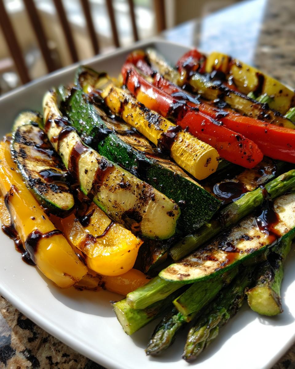 Close-up of a Grilled Veggie Platter With Balsamic Drizzle featuring zucchini, peppers, and asparagus.