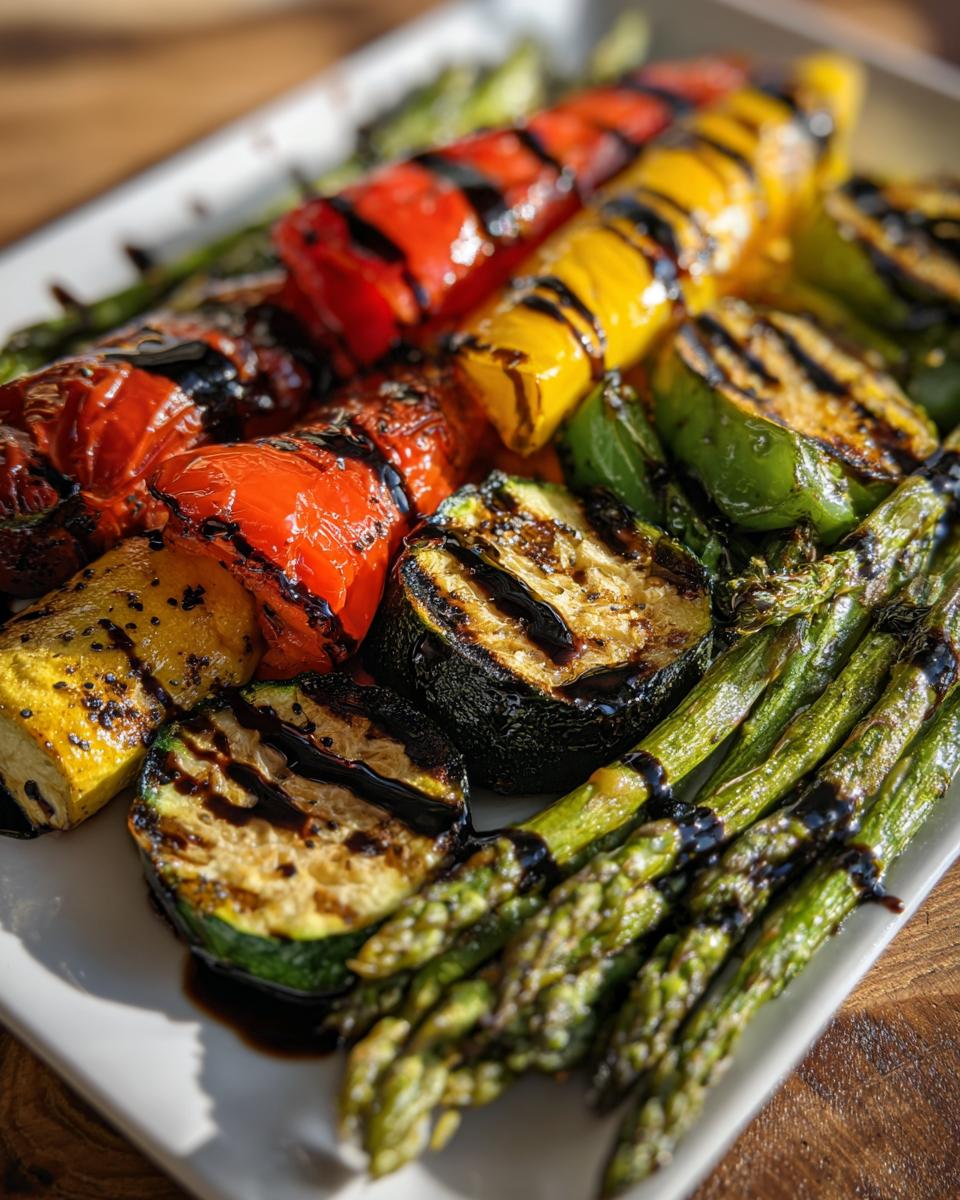 Close-up of a vibrant Grilled Veggie Platter With Balsamic Drizzle featuring grilled zucchini, peppers, and asparagus.