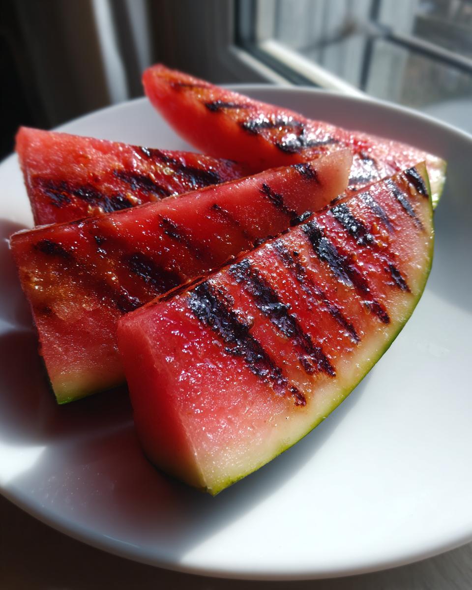 Four bright red Grilled Watermelon Wedges showing distinct dark char marks, served on a white plate.