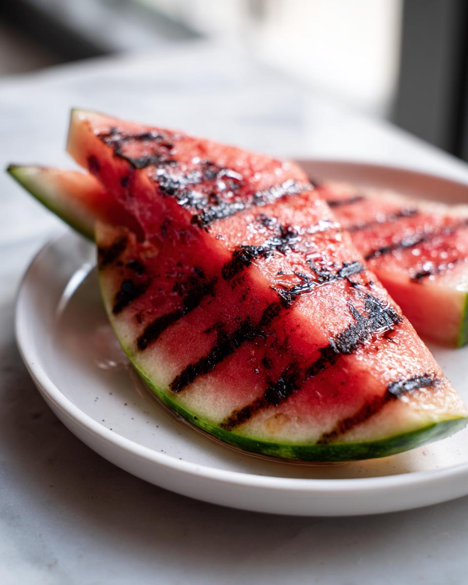 Two juicy Grilled Watermelon Wedges resting on a white plate, showing distinct dark char marks from the grill.