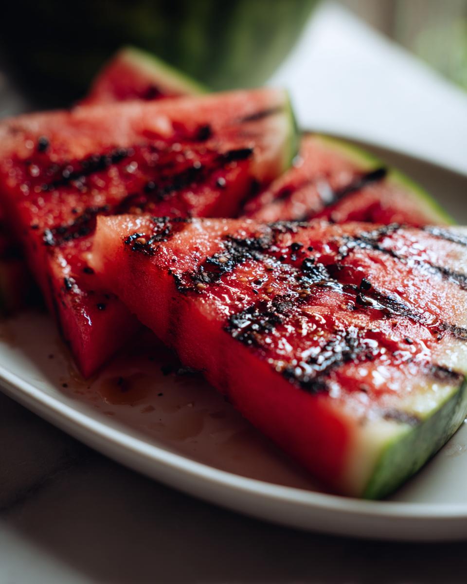 Close-up of juicy, bright red Grilled Watermelon Wedges showing distinct dark char marks from the grill.