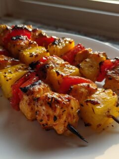 Close-up of two grilled Hawaiian Chicken Kabobs featuring glazed chicken, charred pineapple chunks, and red bell peppers on a white plate.