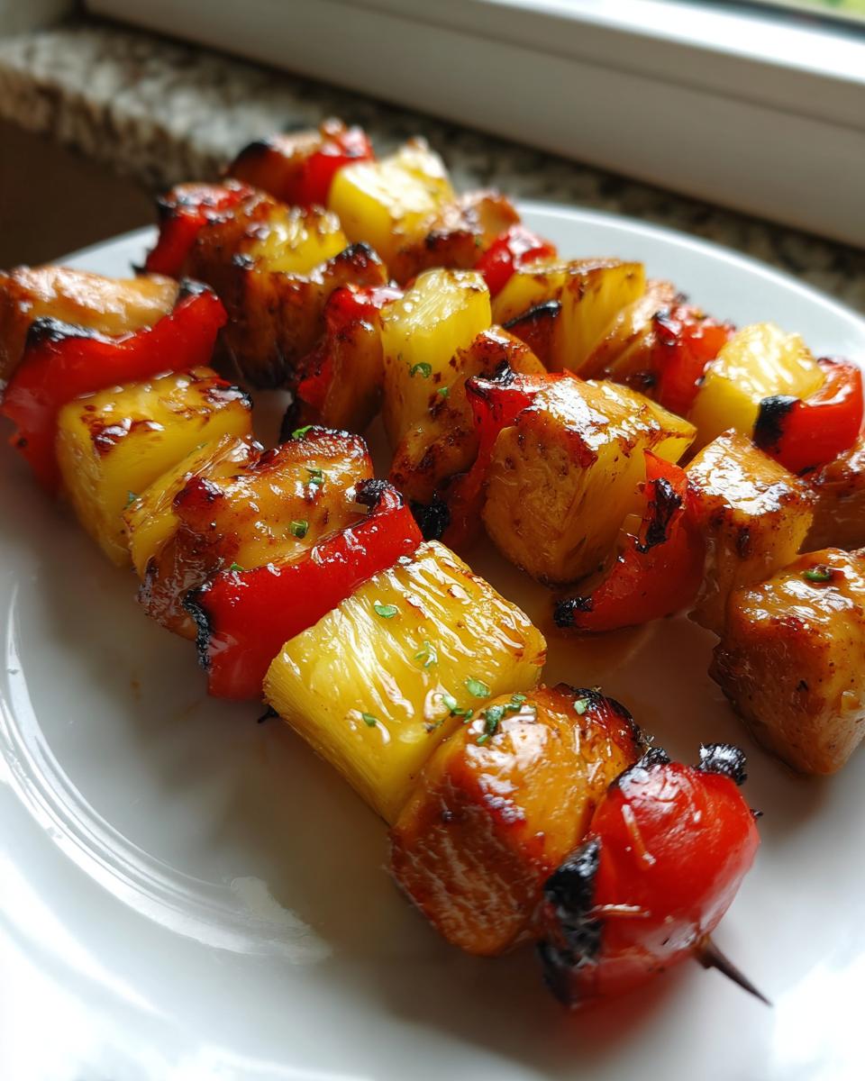 Two grilled Hawaiian Chicken Kabobs featuring glazed chicken, bright yellow pineapple, and red bell peppers on a white plate.