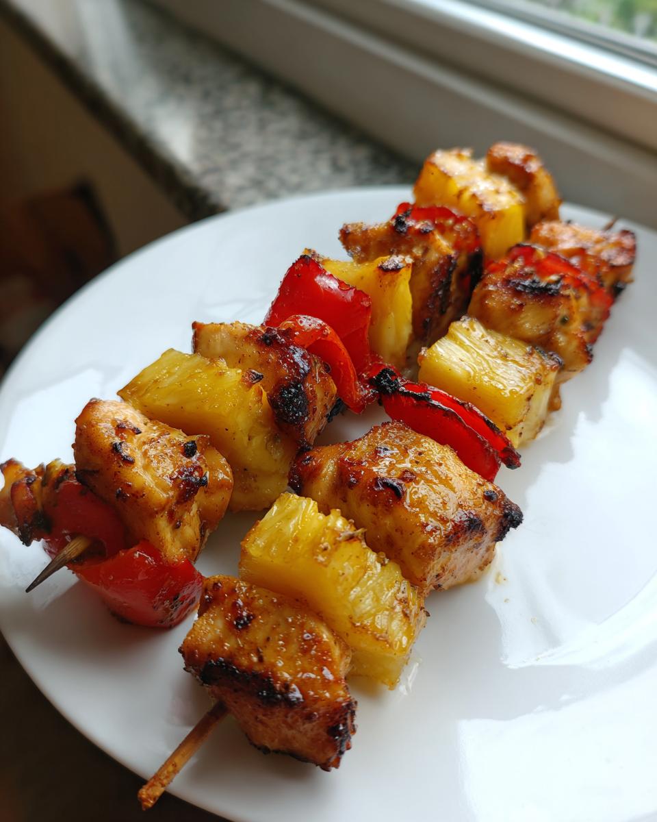 Two skewers of grilled Hawaiian Chicken Kabobs featuring glazed chicken, pineapple chunks, and red bell peppers on a white plate.