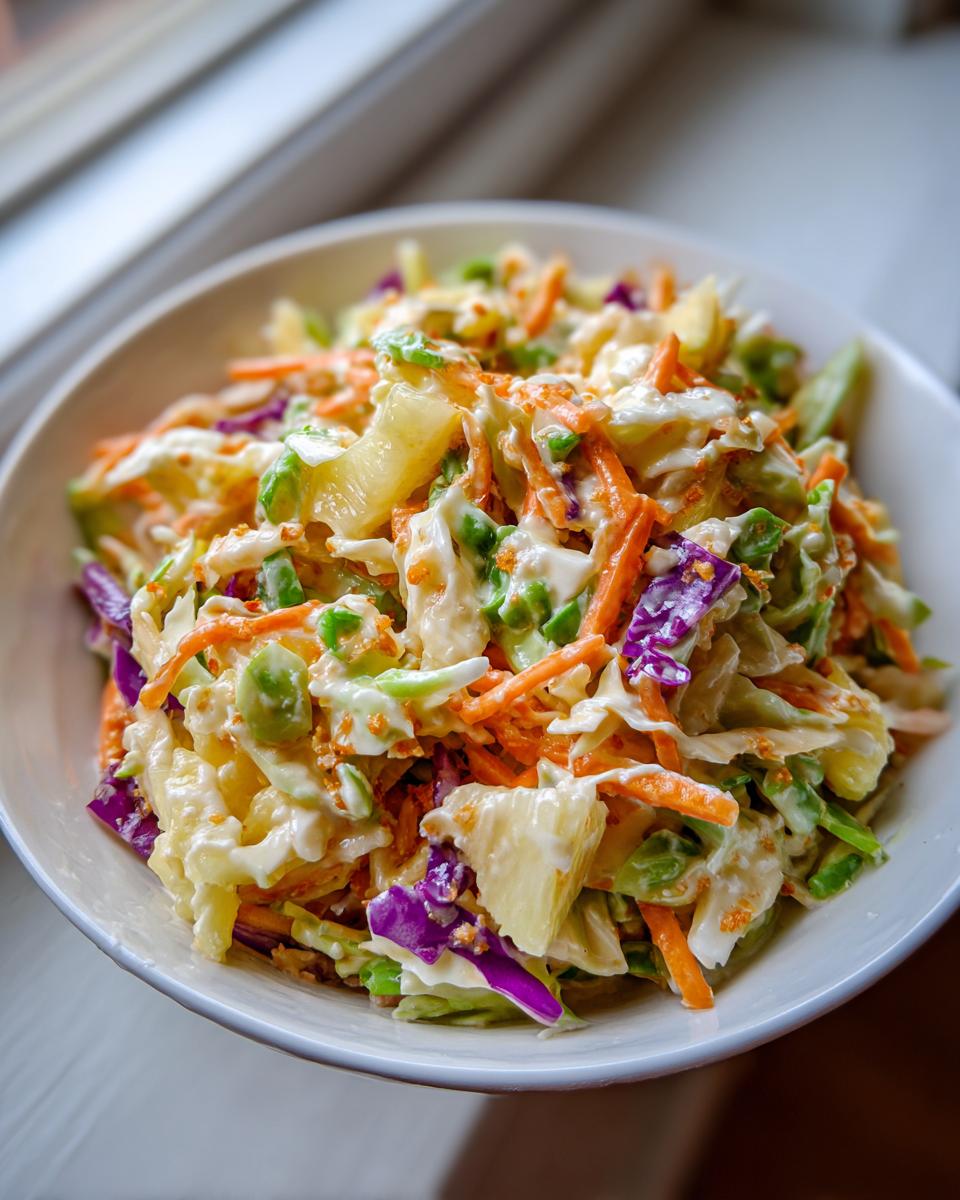 Close-up of a white bowl filled with vibrant Hawaiian Pineapple Coleslaw, featuring shredded carrots, cabbage, and pineapple chunks in a creamy dressing.
