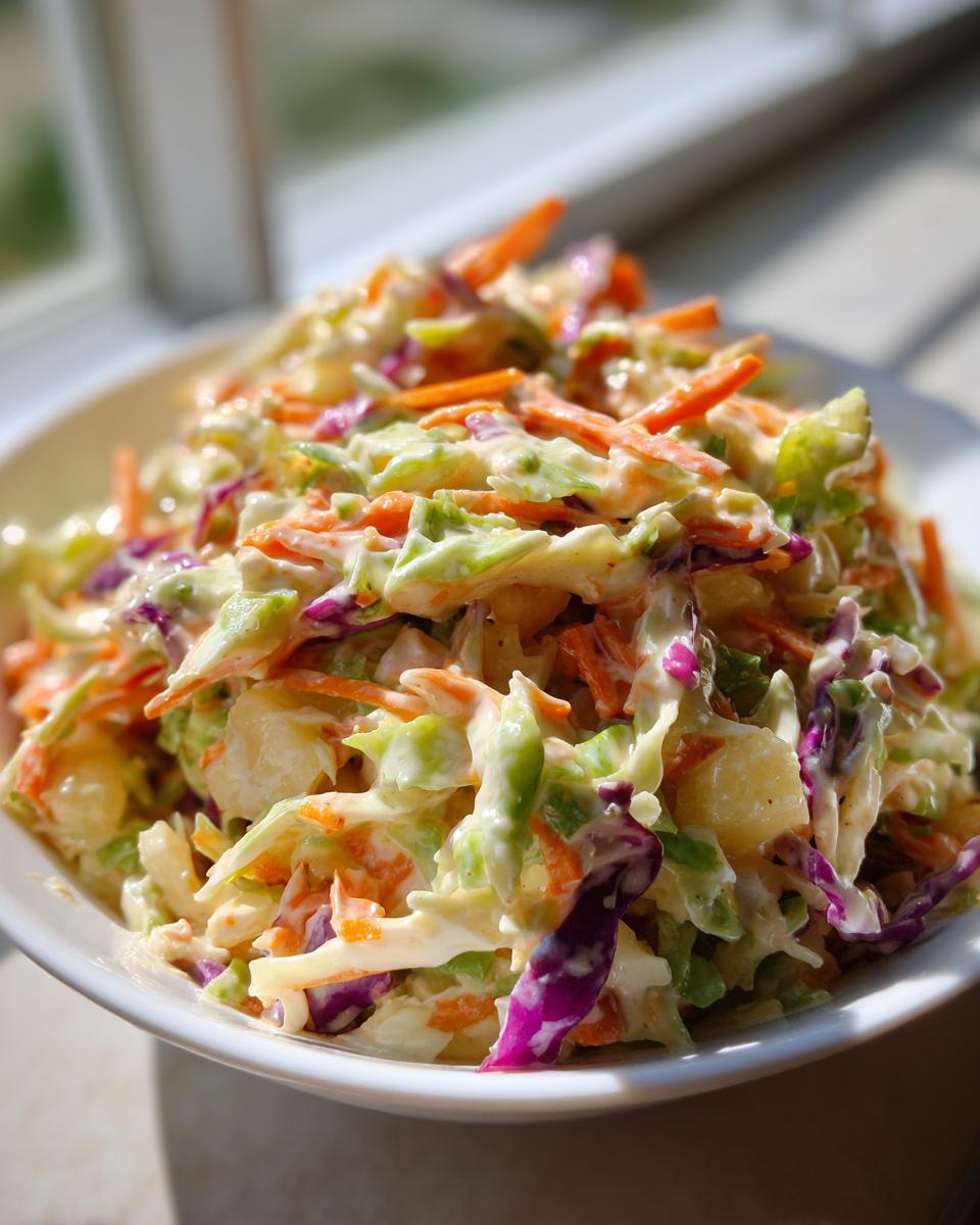 A close-up of creamy Hawaiian Pineapple Coleslaw featuring shredded cabbage, carrots, and pineapple chunks in a white bowl.