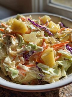 A close-up of a white bowl filled with creamy Hawaiian Pineapple Coleslaw, featuring shredded cabbage, carrots, and chunks of pineapple.