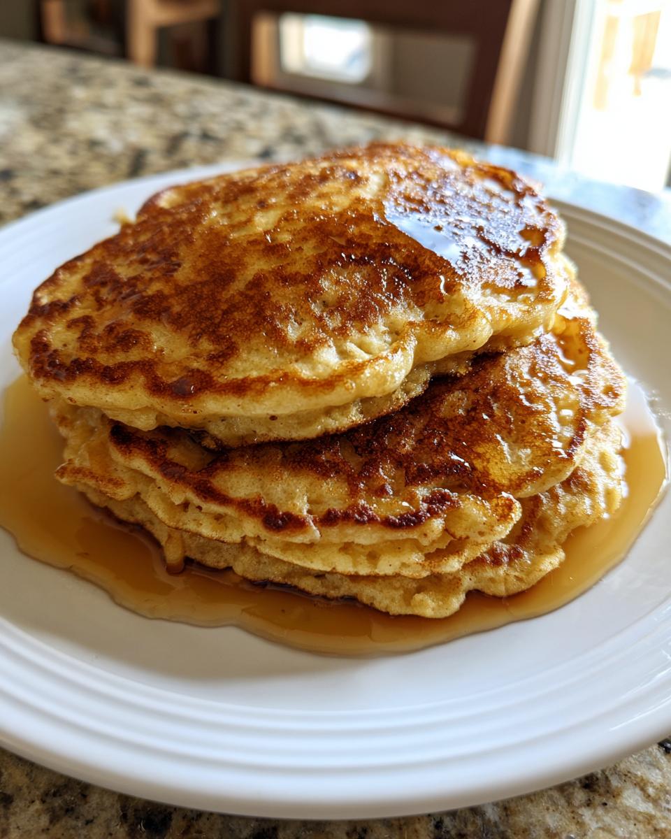 A stack of four golden brown Healthy Banana Pancakes generously drizzled with maple syrup on a white plate.