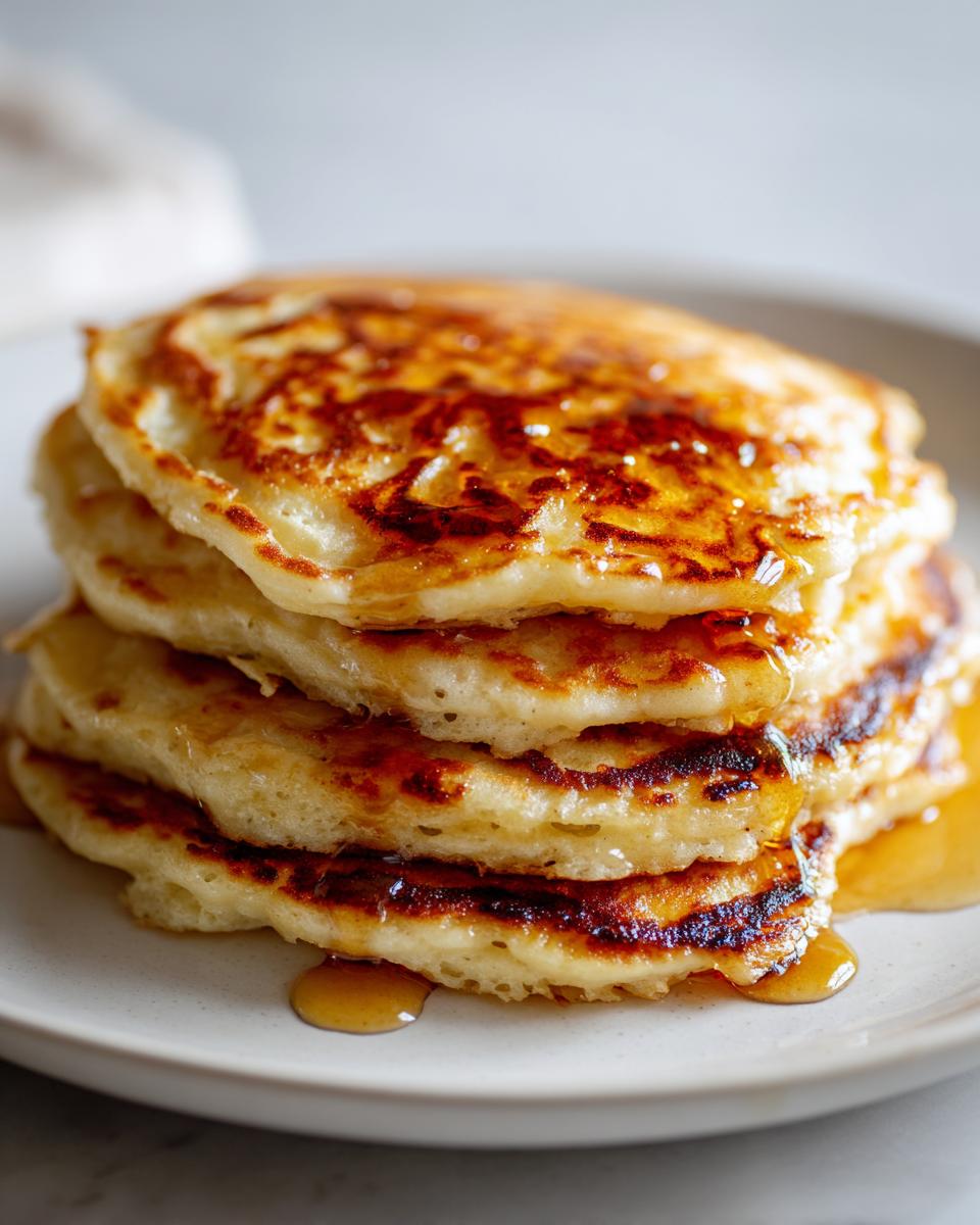 Close-up of a tall stack of fluffy Healthy Banana Pancakes drizzled generously with maple syrup.