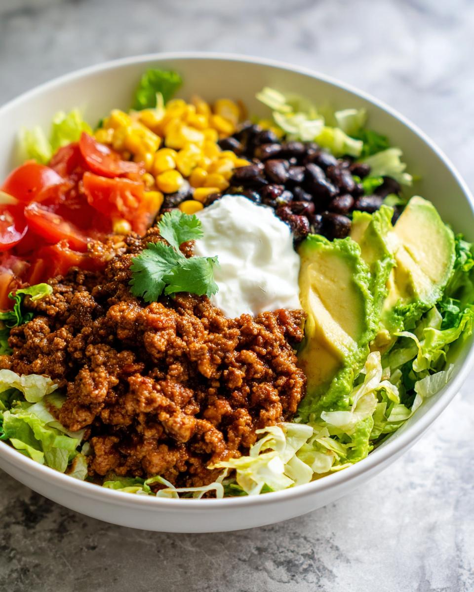 A vibrant Healthy Turkey Taco Bowl featuring seasoned ground turkey, lettuce, black beans, corn, avocado, tomatoes, and sour cream.
