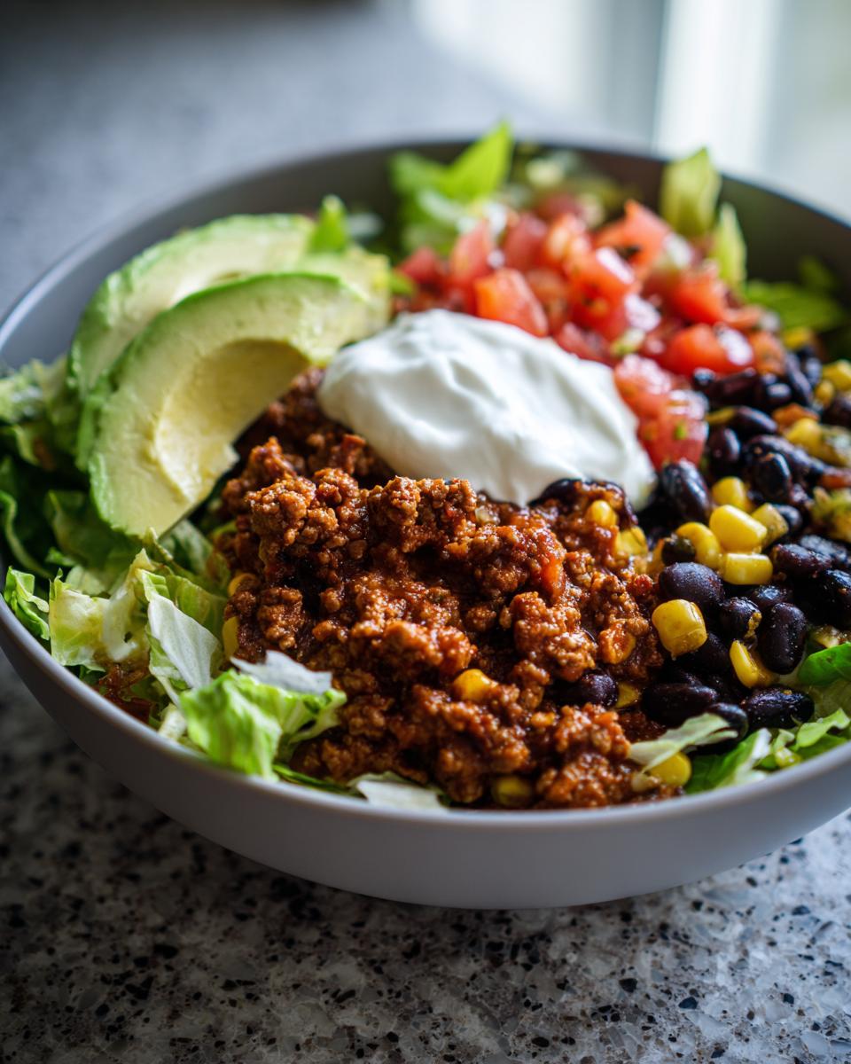 A close-up of a Healthy Turkey Taco Bowl featuring seasoned ground turkey, lettuce, avocado, sour cream, salsa, black beans, and corn.