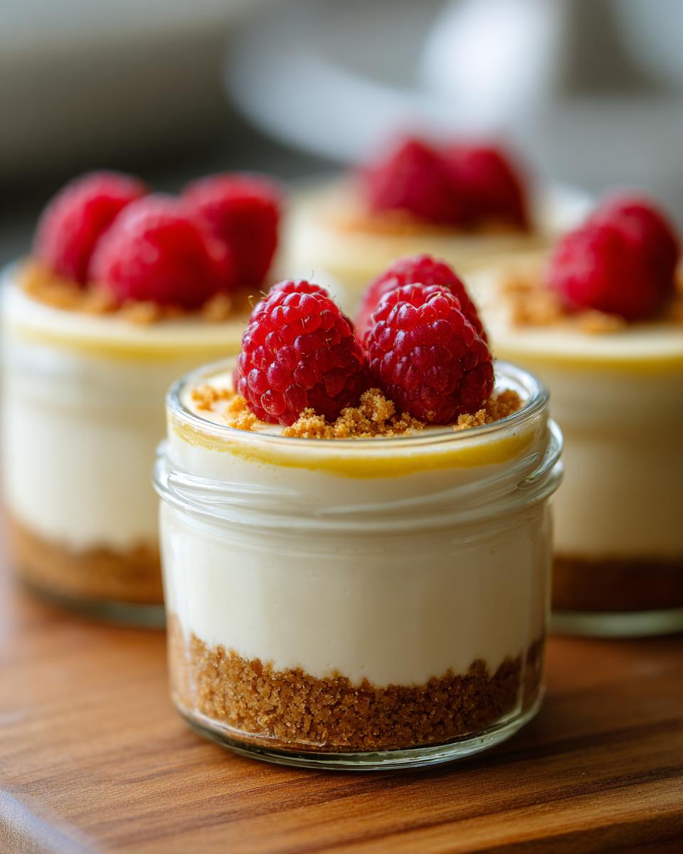 Close-up of a single serving High Protein Cheesecake Jar topped with fresh raspberries and graham cracker crumbs.