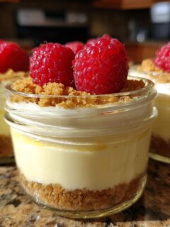 Three individual High Protein Cheesecake Jars layered with graham cracker crust, creamy filling, and topped with raspberries.