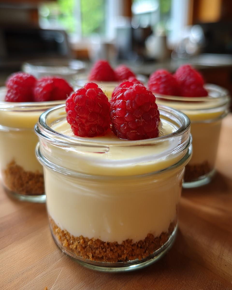 Close-up of a creamy High Protein Cheesecake Jar topped with fresh raspberries on a wooden surface.