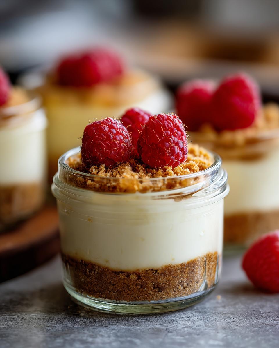 Close-up of a High Protein Cheesecake Jar layered with graham cracker crust, creamy filling, and topped with fresh raspberries.