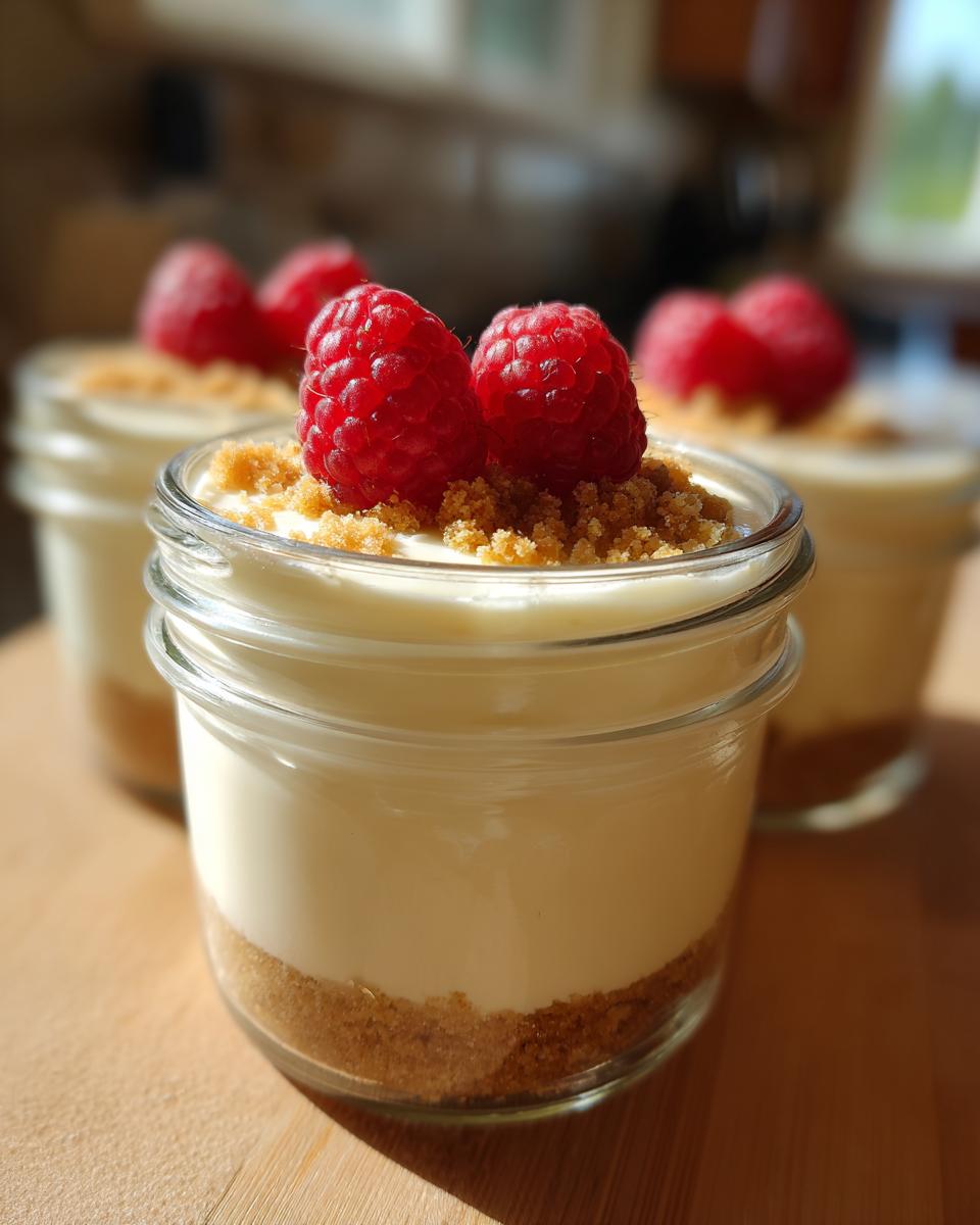 Close-up of a High Protein Cheesecake Jar topped with fresh raspberries and graham cracker crumbs.