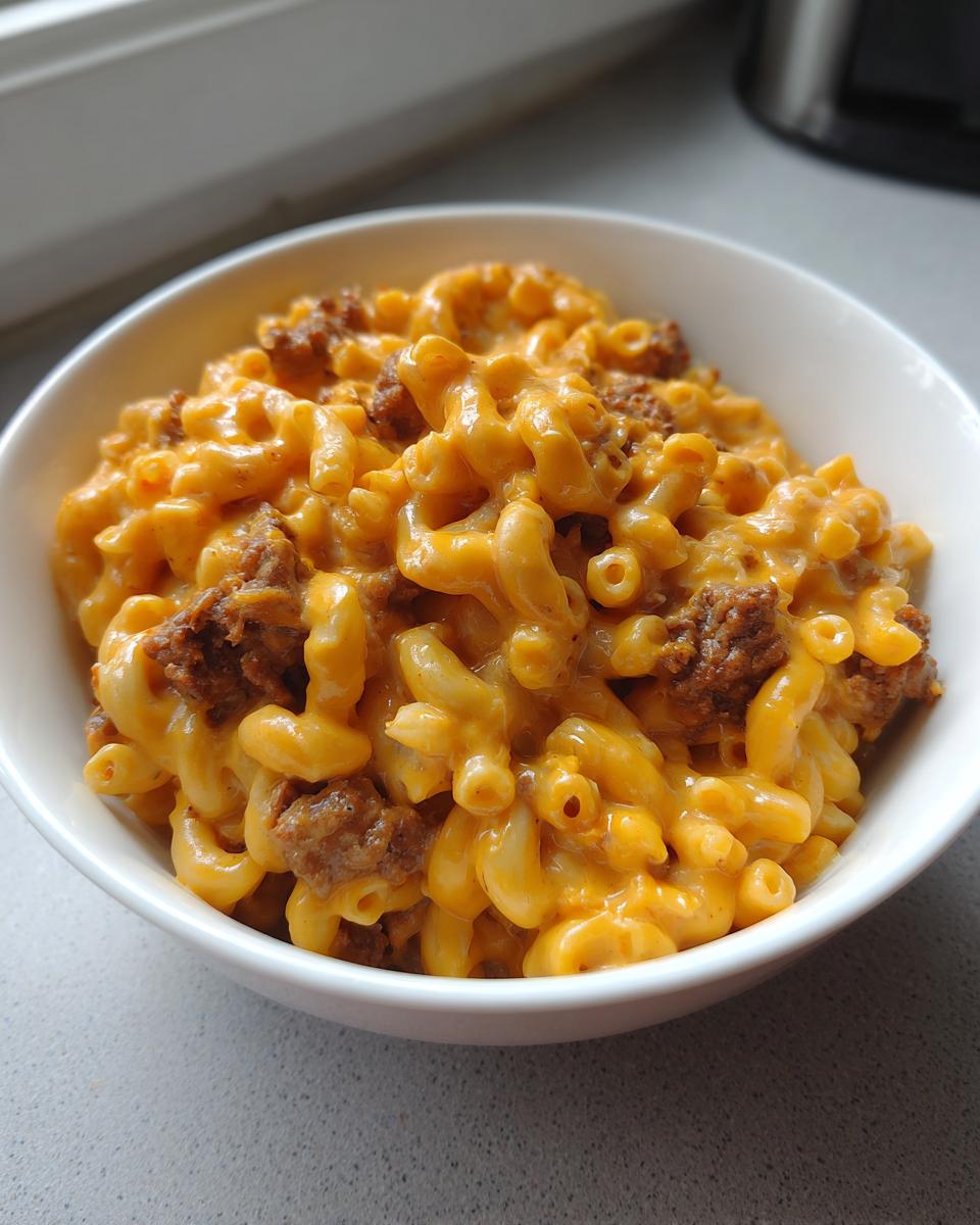 A close-up of creamy, cheesy macaroni mixed with browned Impossible Steak Bites in a white bowl.