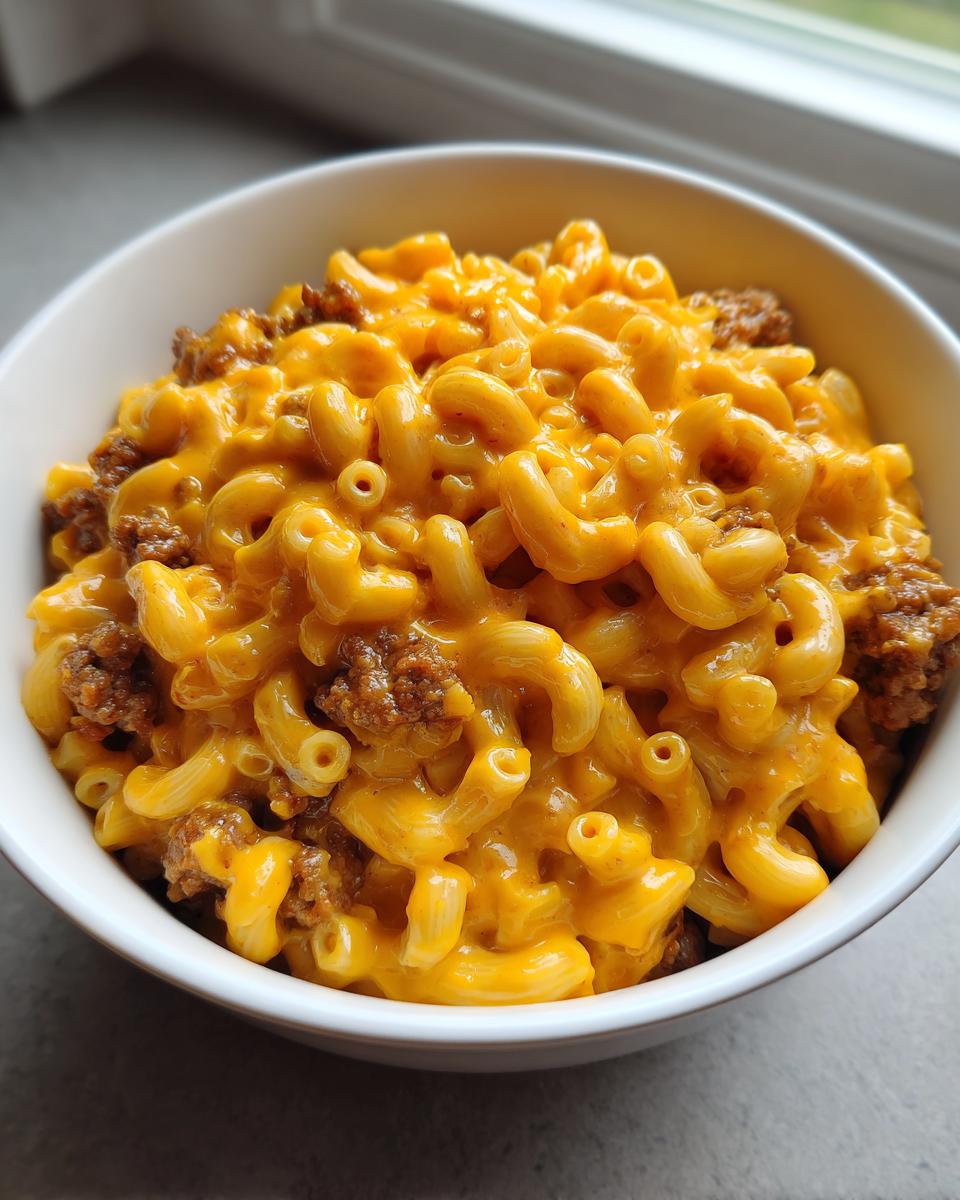 A close-up of creamy, cheesy macaroni mixed with brown Impossible Steak Bites in a white bowl.