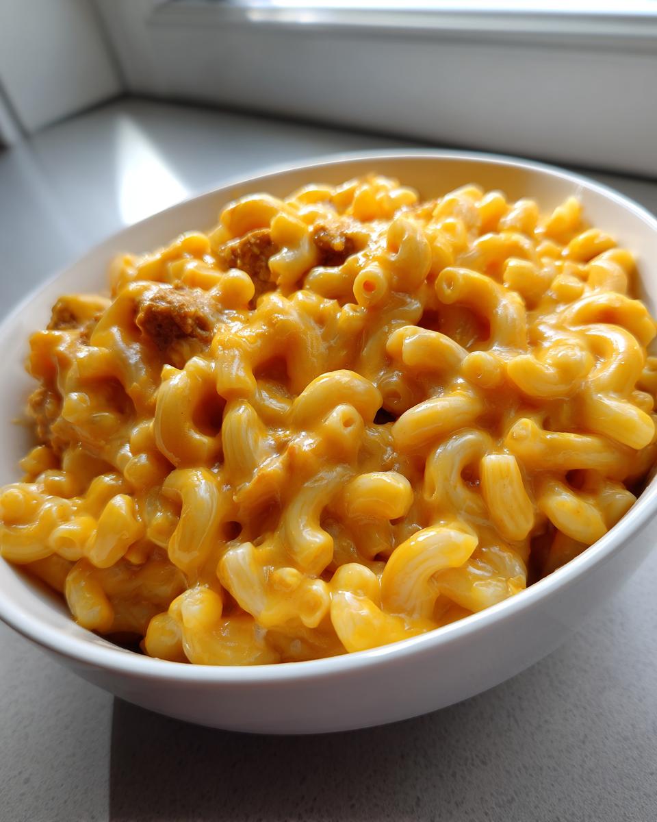 Close-up of a white bowl filled with creamy, orange High Protein Mac Cheese With Impossible Steak Bites.