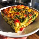 A golden-brown slice of High Protein Veggie Egg Bake, packed with spinach and red peppers, served on a white plate.