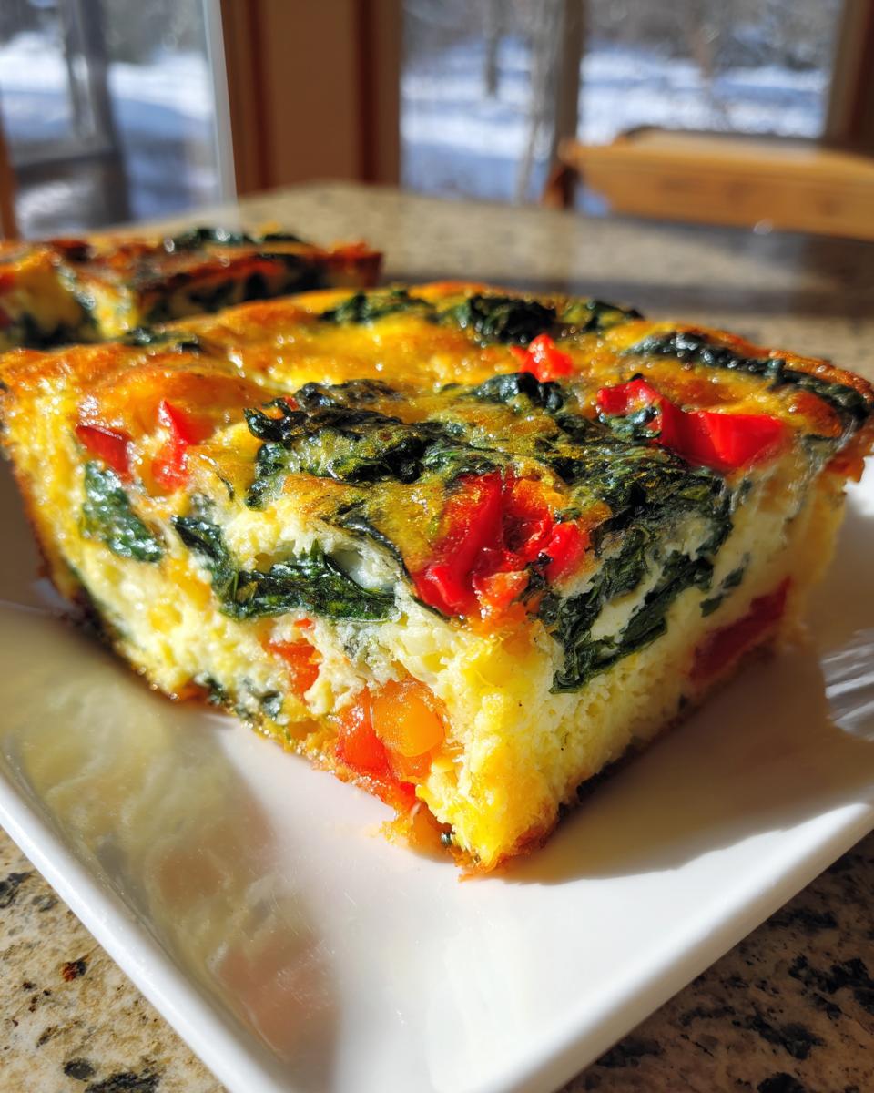 Close-up of a thick slice of High Protein Veggie Egg Bake featuring bright red peppers and dark green spinach.