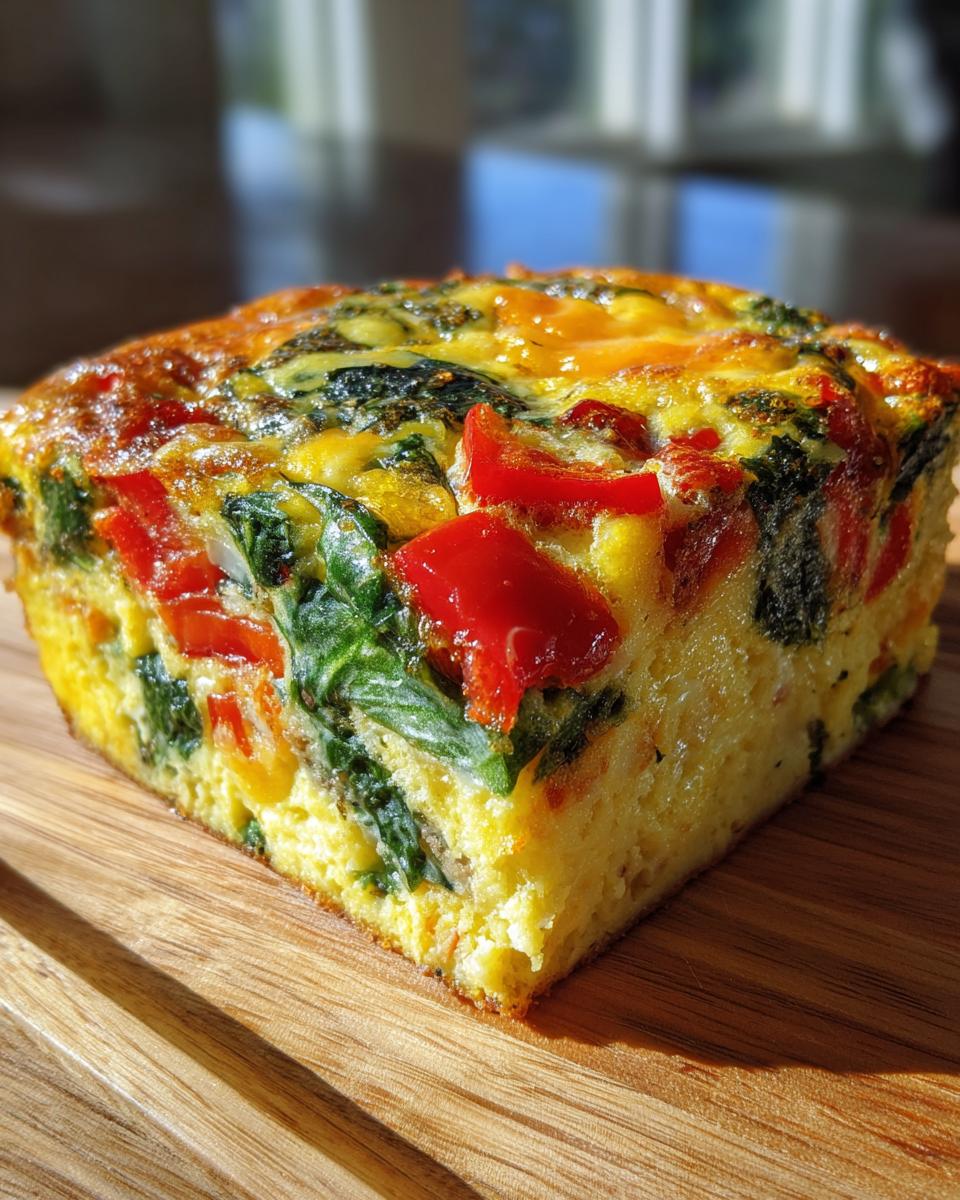 A close-up of a square slice of High Protein Veggie Egg Bake, showing bright red peppers and green spinach baked into the yellow egg base.