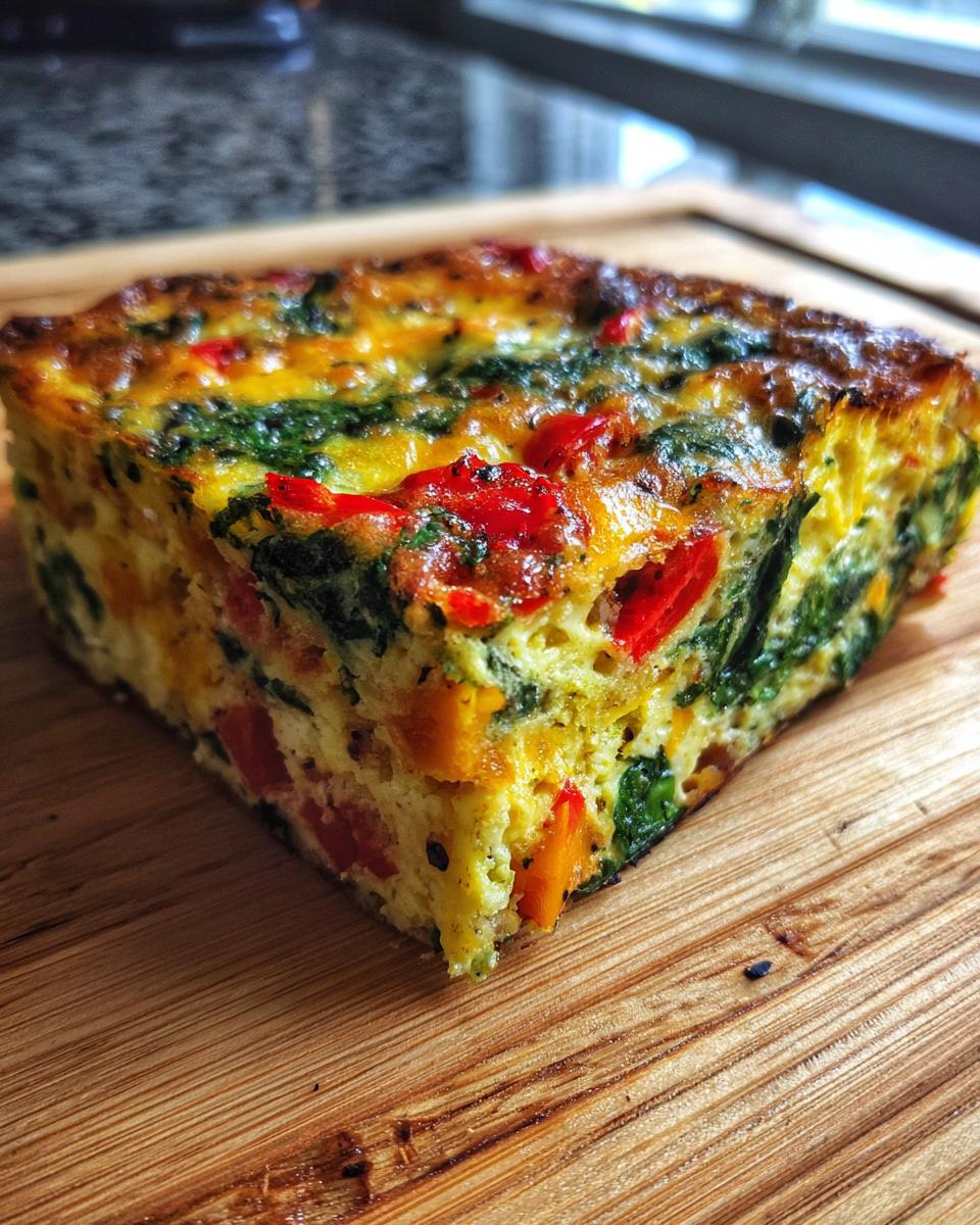 A close-up, angled slice of High Protein Veggie Egg Bake featuring eggs, spinach, and red/orange peppers, resting on a wooden cutting board.