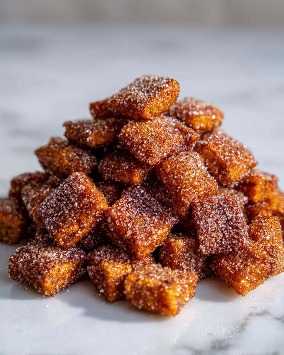 A close-up pile of freshly made Homemade Cinnamon Toast Crunch squares coated heavily in cinnamon sugar.