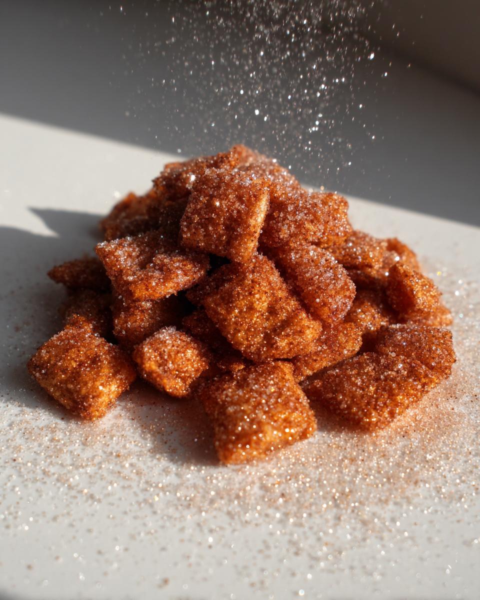 A pile of Homemade Cinnamon Toast Crunch squares being dusted with sparkling cinnamon sugar.