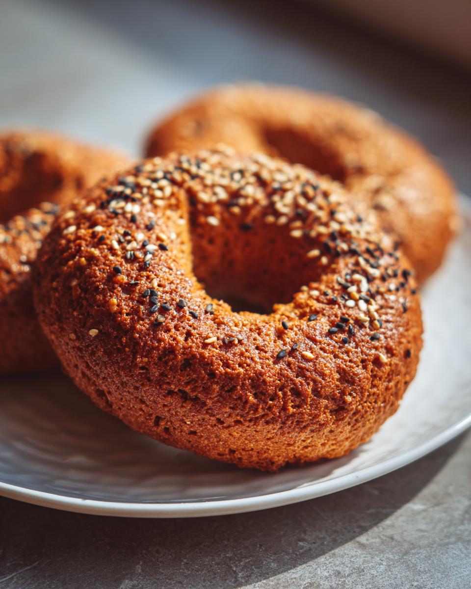 Close-up of a golden brown Homemade Gluten Free Protein Bagel topped with sesame and black seeds on a white plate.