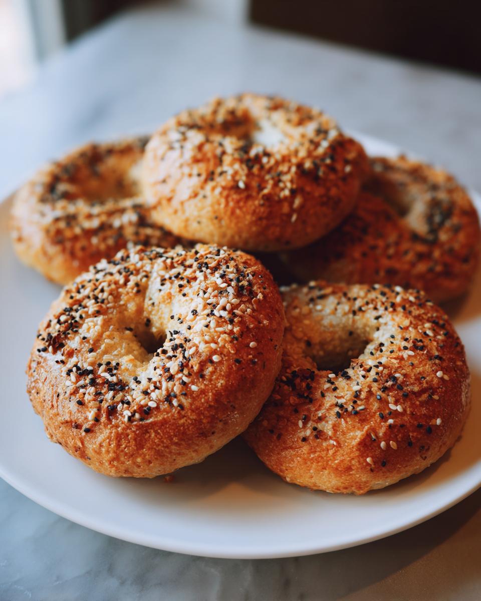 A stack of golden brown Homemade Gluten Free Protein Bagels topped generously with everything bagel seasoning on a white plate.