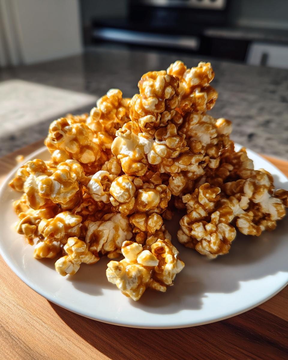 A close-up of a generous pile of glossy, golden brown Salted Caramel Popcorn mounded on a white plate.
