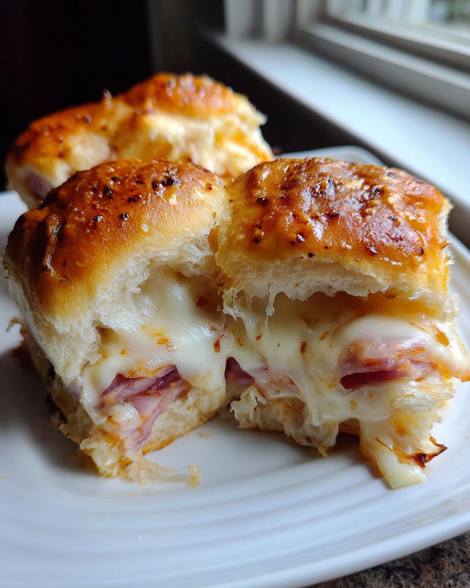 Close-up of Hot Ham And Cheese Sliders cut in half showing gooey, melted cheese stretching between the ham and soft rolls.