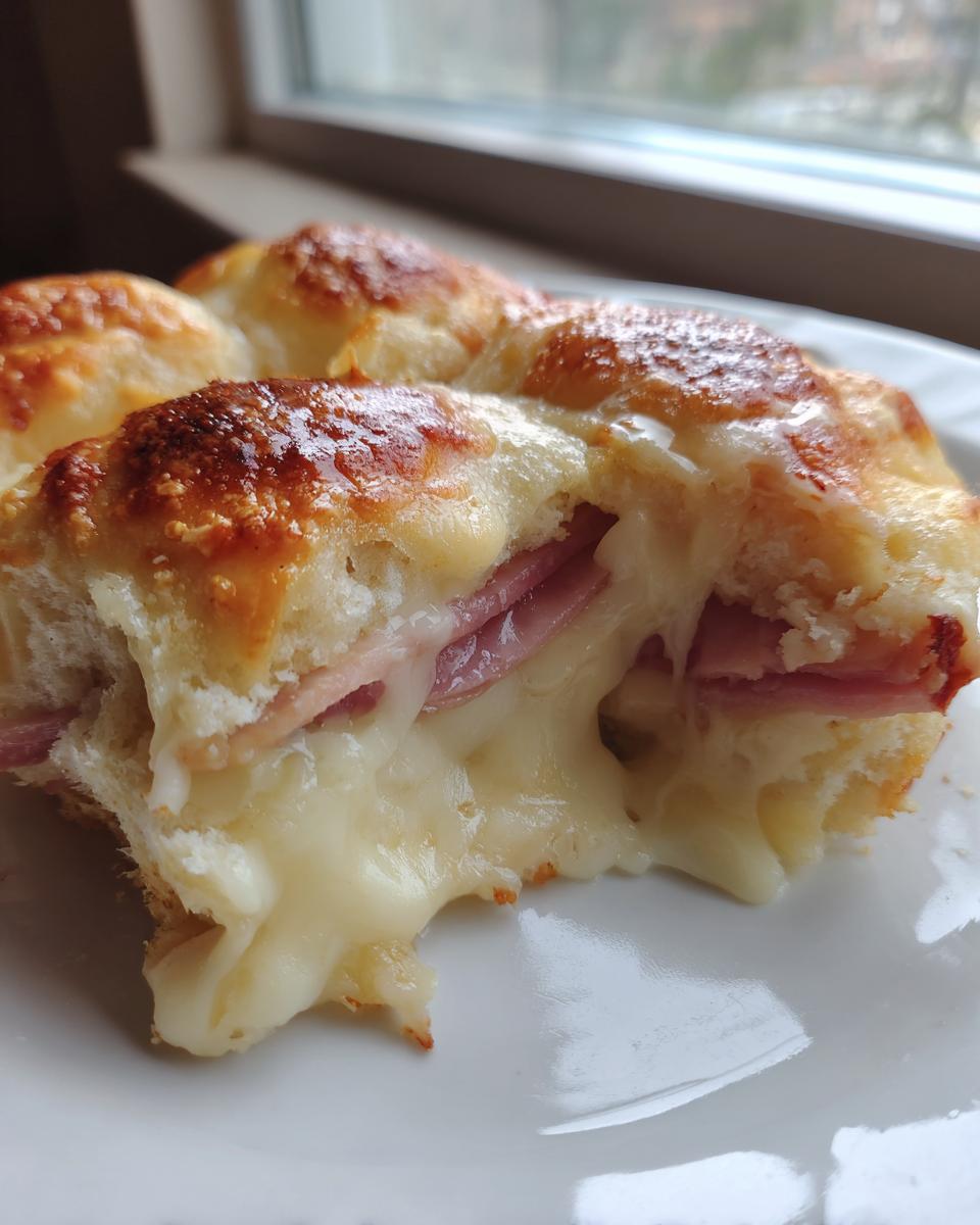 Close-up of a serving of Hot Ham And Cheese Sliders with gooey, melted cheese oozing out.