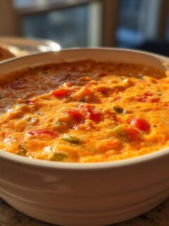 A close-up of warm, bubbly Rotel Dip in a white serving bowl, with chips visible in the background.