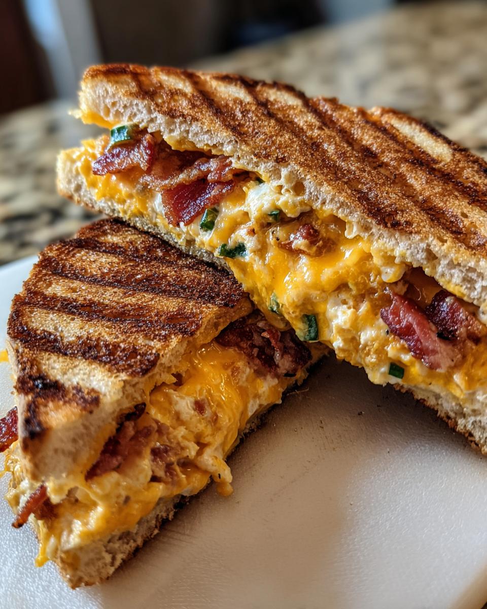 Close-up of a Jalapeno Popper Sandwich cut in half, showing melted cheddar cheese, bacon, and green jalapeno pieces.