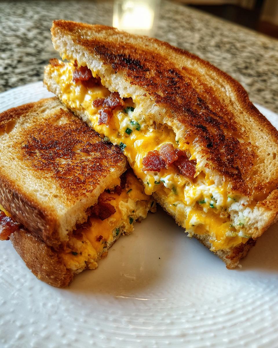 Cross-section of a grilled Jalapeno Popper Sandwich oozing with melted cheese, bacon, and chives.