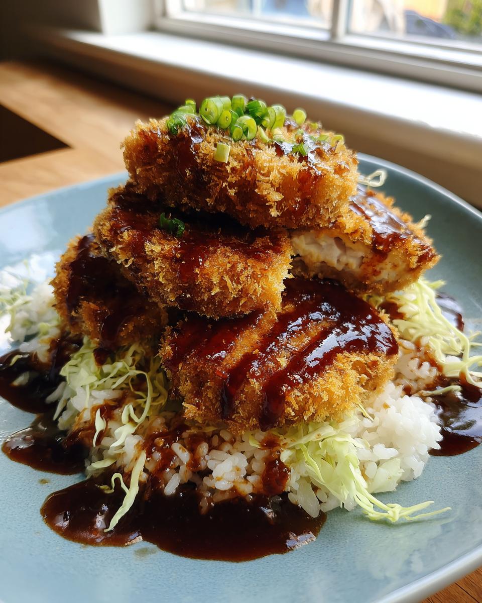Close-up of Japanese Katsu Bowls featuring stacked, crispy cutlets drizzled with Tonkatsu sauce over rice and shredded cabbage.