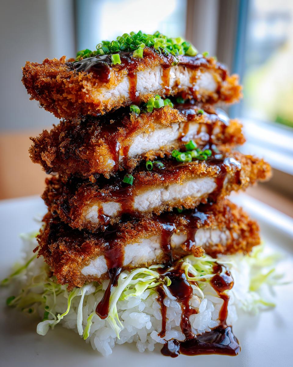 Four stacked, sliced pieces of crispy fried pork cutlet (katsu) drizzled with Tonkatsu sauce and green onions, served over rice.